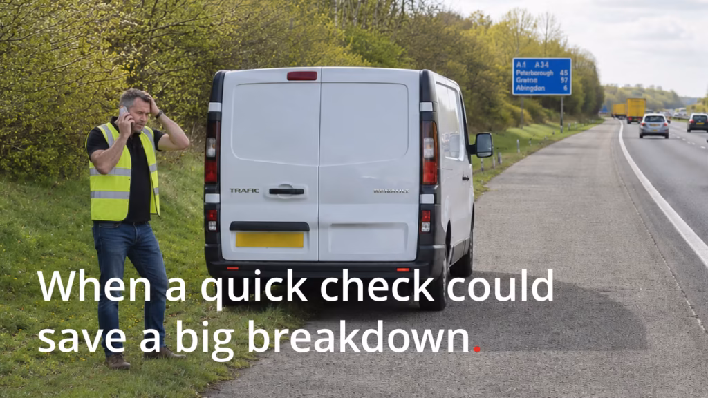 Van Driver Responsibility - image shows a van driver at the side of the road, next to his broken down vehicle.